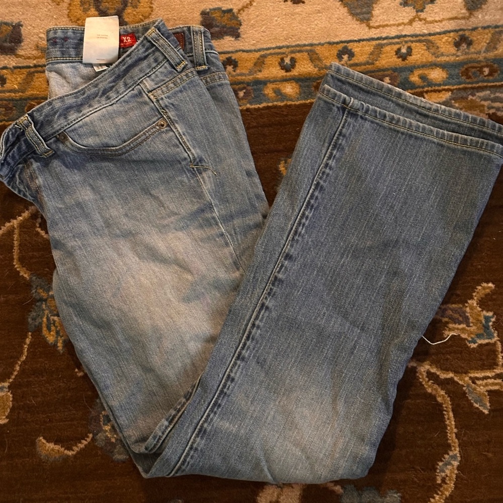 Blue Boot Cut Jeans with Distressed Vintage Look
